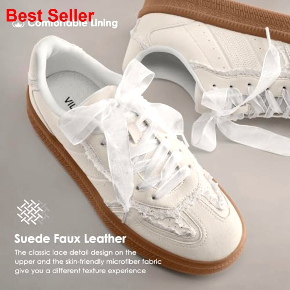 Lace Detail Fashion Sneakers with Retro Gum Sole, Faux Leather Upper - Picture 4 of 7